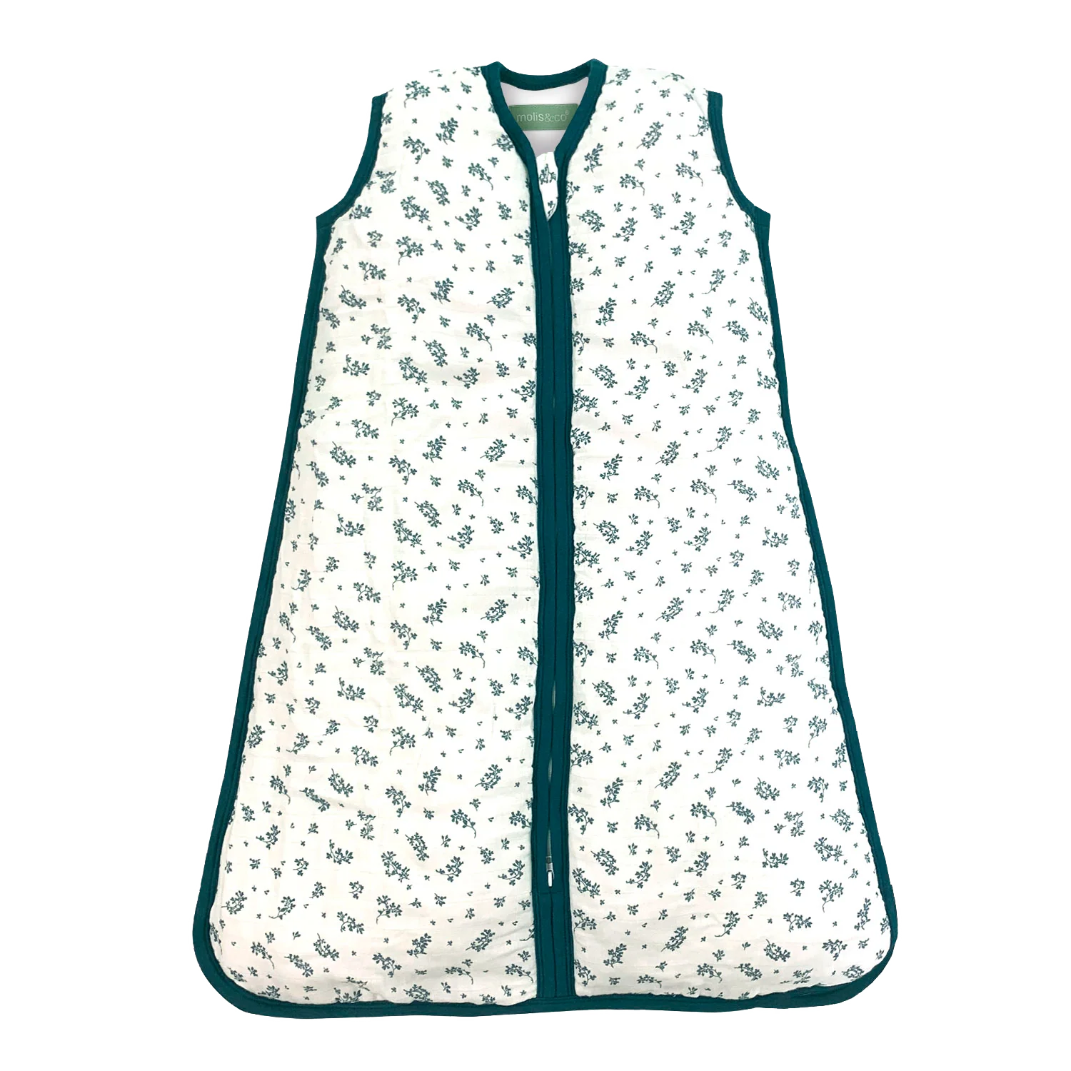 Saco de dormir MolisandCo TOG 1.0, algodão musselina, padrão floral azul/verde, fecho frontal, sem pés.