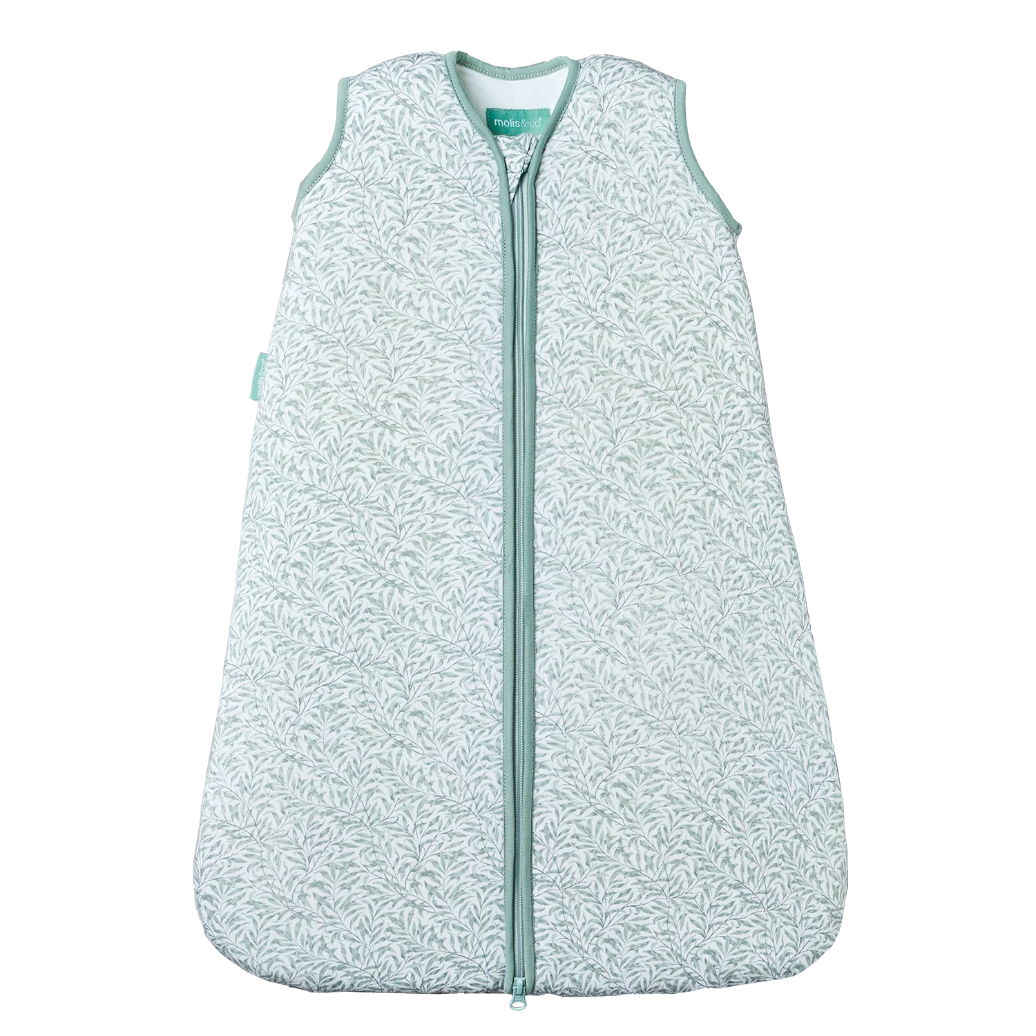 Saco de dormir MolisandCo TOG 1.0 sem pés Ines II com padrão de folhas verdes e fecho frontal, visto de frente.