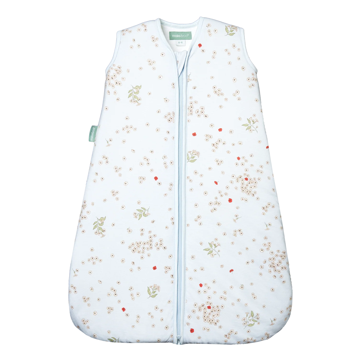 Saco de dormir MolisandCo TOG 1.0 "Poppy" em azul claro com padrão floral delicado e fecho central.