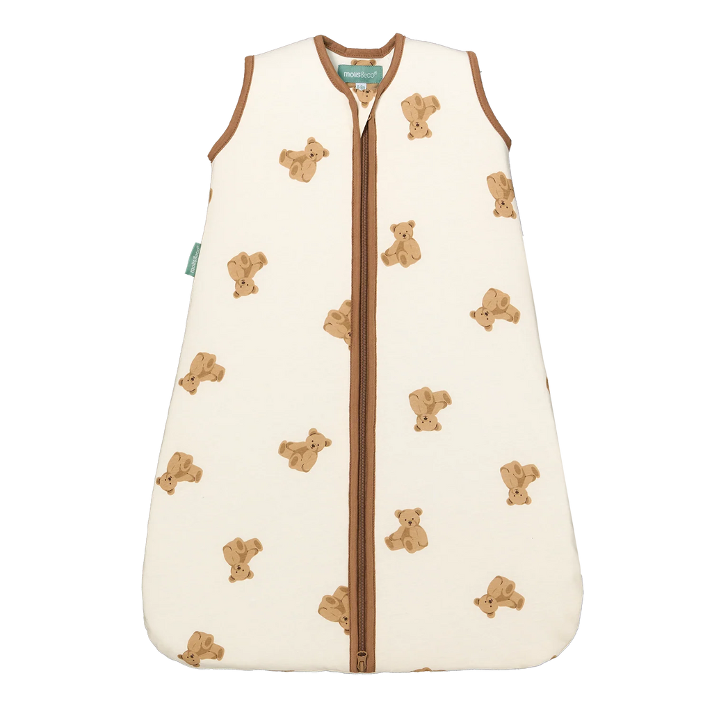Saco de dormir MolisandCo TOG 1.0 sem pés, padrão ursinhos Teddy, cor creme, fecho castanho. Ideal para bebé.