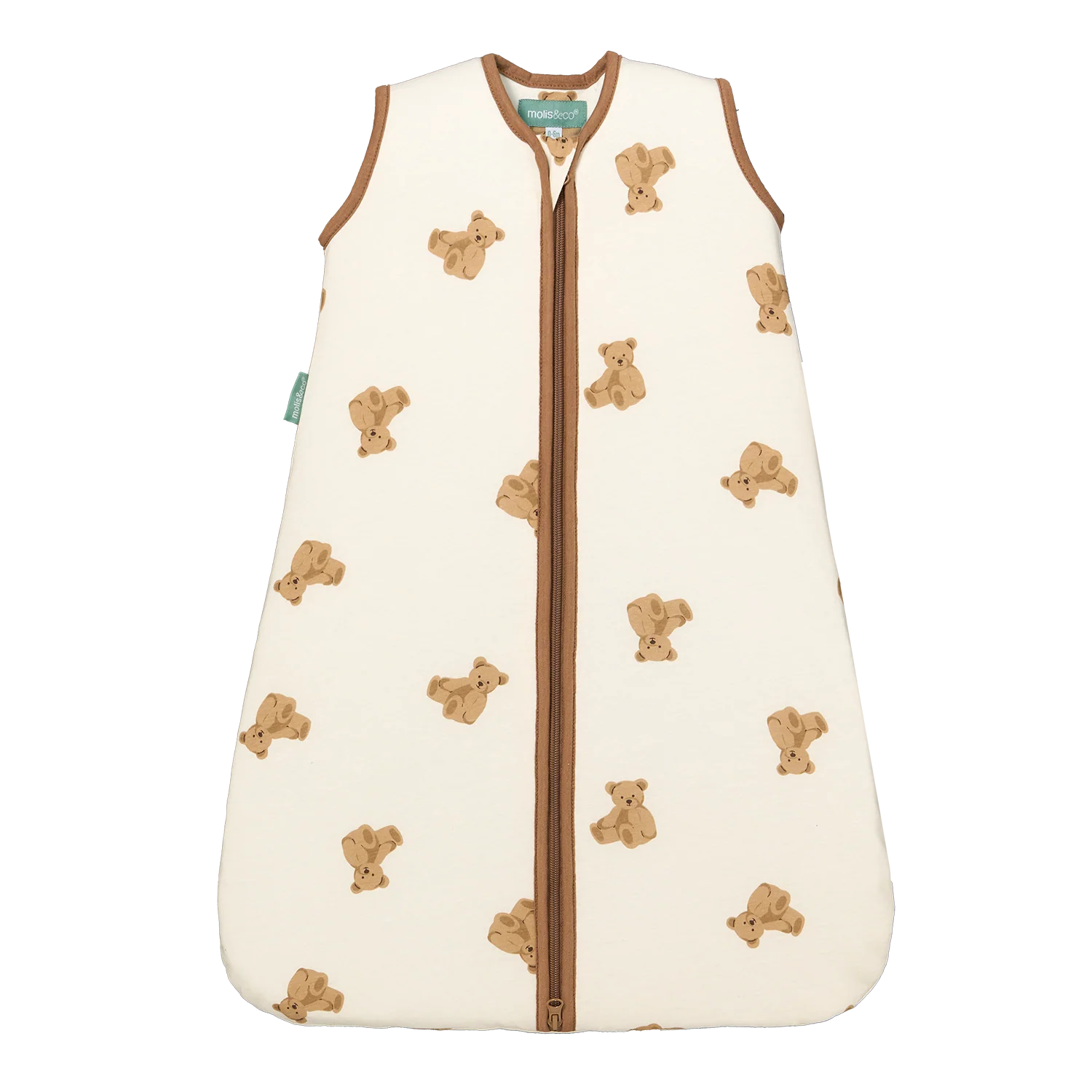 Saco de dormir MolisandCo TOG 1.0 sem pés, padrão ursinhos Teddy, cor creme, fecho castanho. Ideal para bebé.