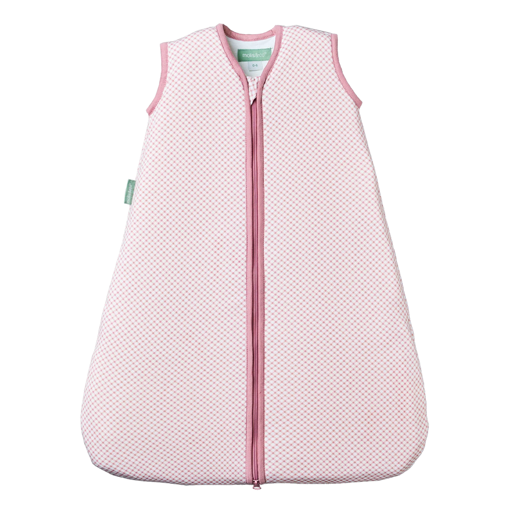 Saco de dormir MolisandCo TOG 1.0 sem pés, padrão Vichy Pink, com fecho rosa. Ideal para 21-23ºC.