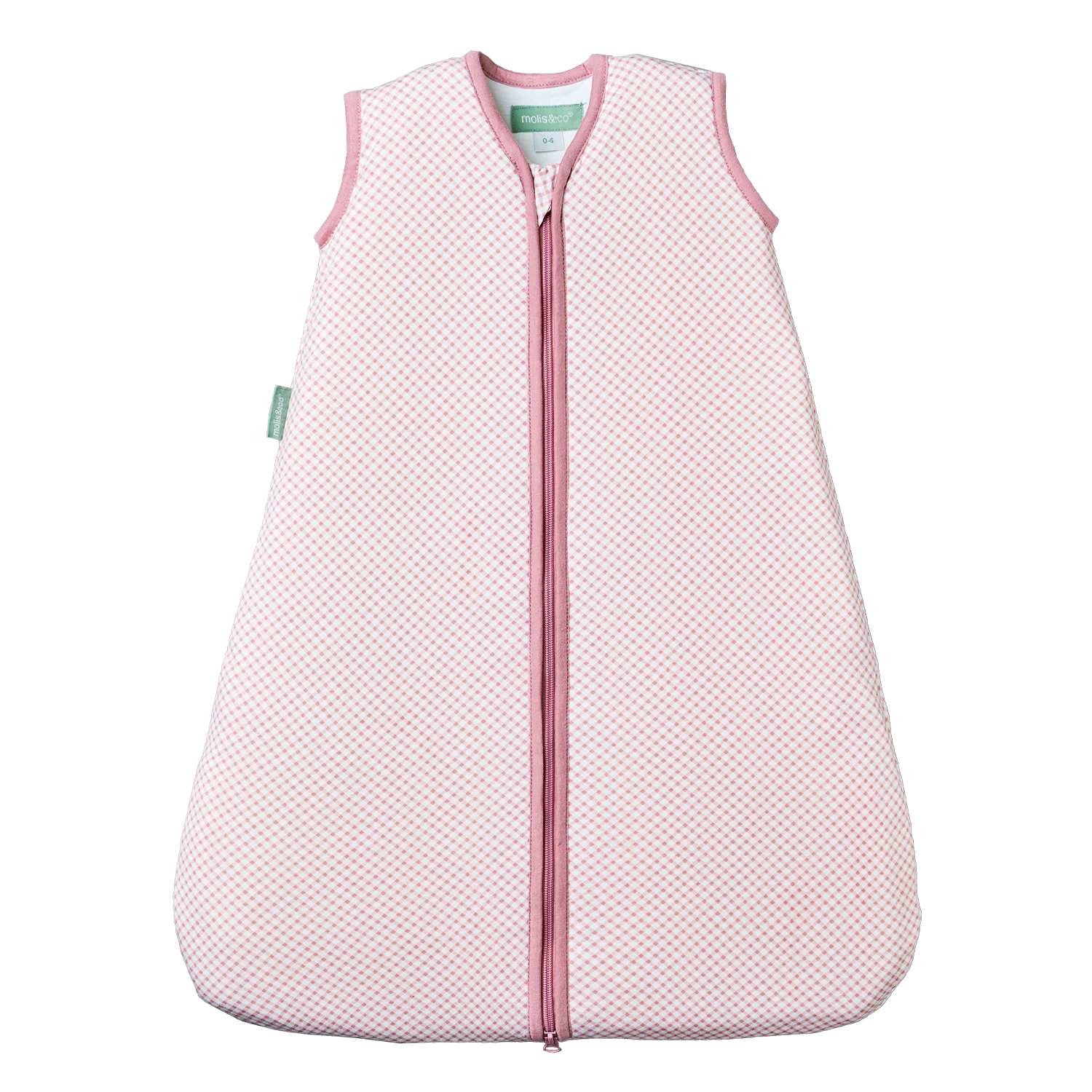 Saco de dormir MolisandCo TOG 1.0 sem pés, padrão Vichy Pink, com fecho rosa. Ideal para 21-23ºC.