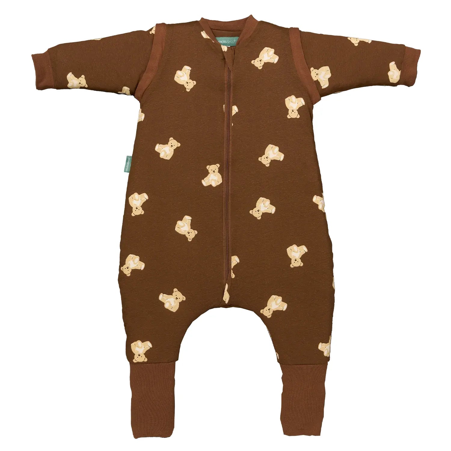 Saco de dormir MolisandCo TOG 1.0 castanho com padrão de ursinhos (Teddy), mangas e pés integrados, visto de frente.