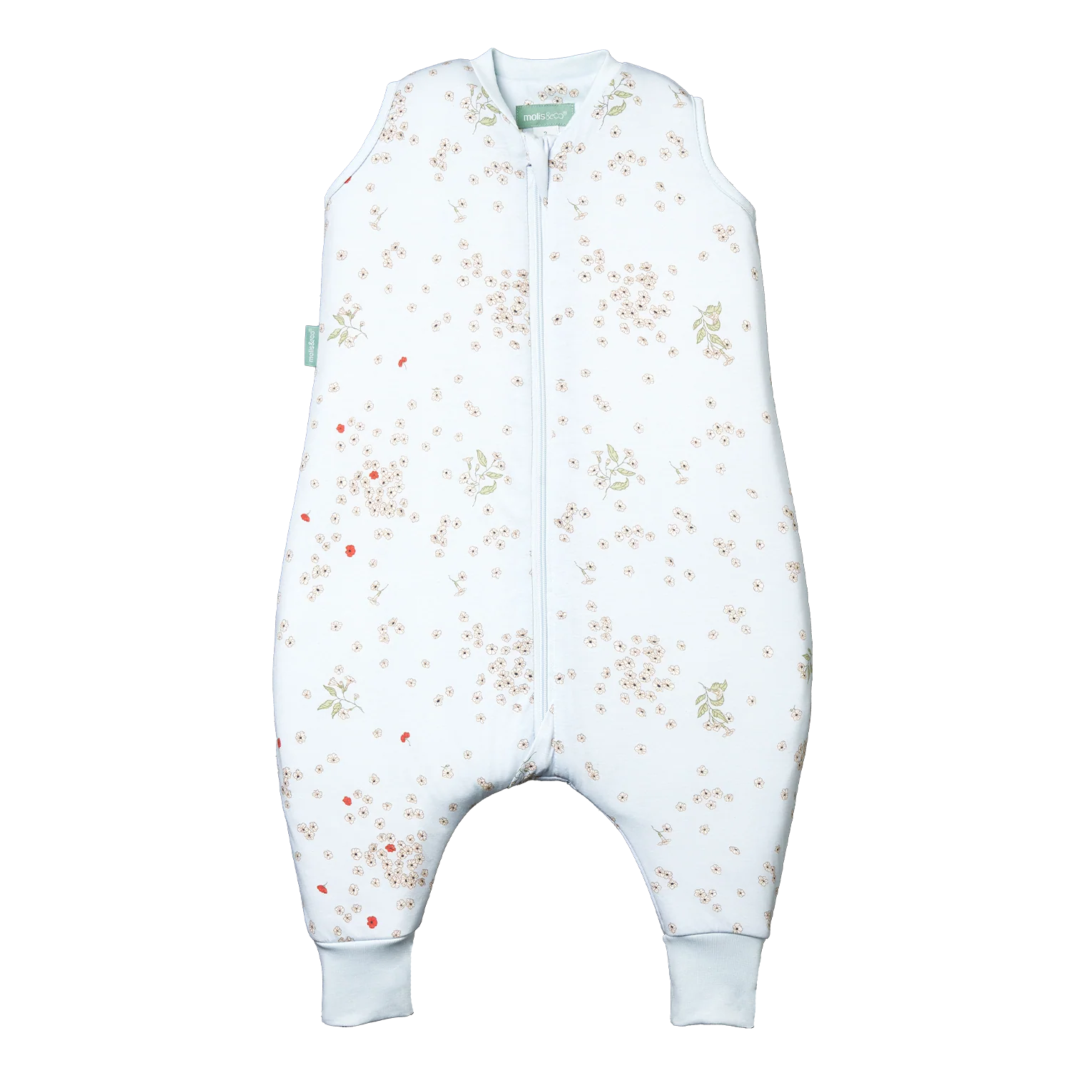Saco de dormir MolisandCo TOG 1.0 Poppy, sem mangas, com pés integrados e fecho frontal.