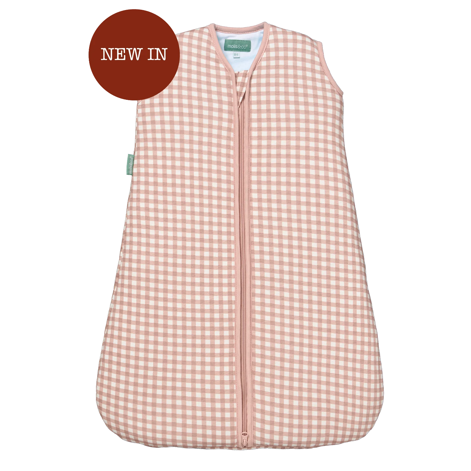 Saco de dormir MolisandCo TOG 2.5 Dusty Rose sem pés, padrão xadrez, fecho central. Ideal para inverno, novo na coleção.