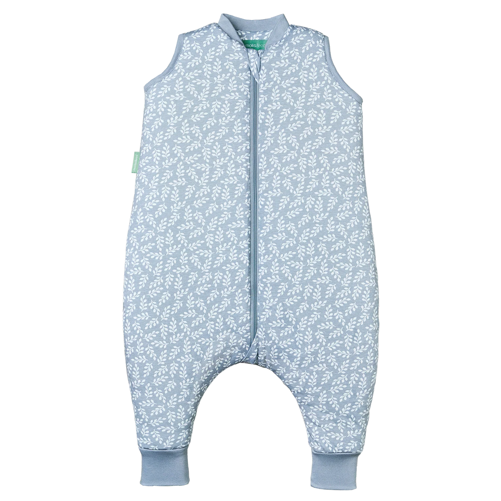 Saco de dormir MolisandCo TOG 2.5 com pés, padrão Blue Garden azul e branco, fecho frontal.