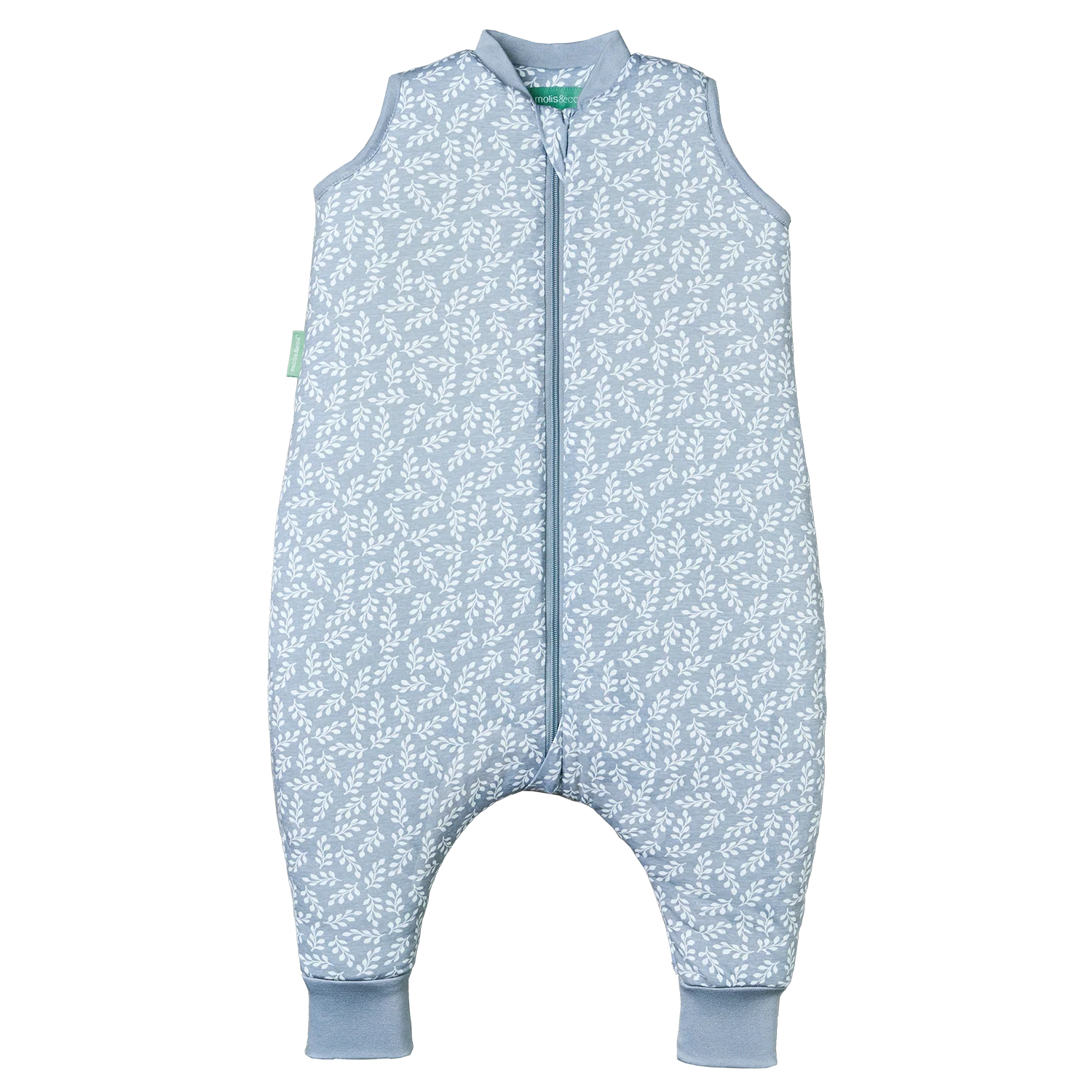 Saco de dormir MolisandCo TOG 2.5 com pés, padrão Blue Garden azul e branco, fecho frontal.