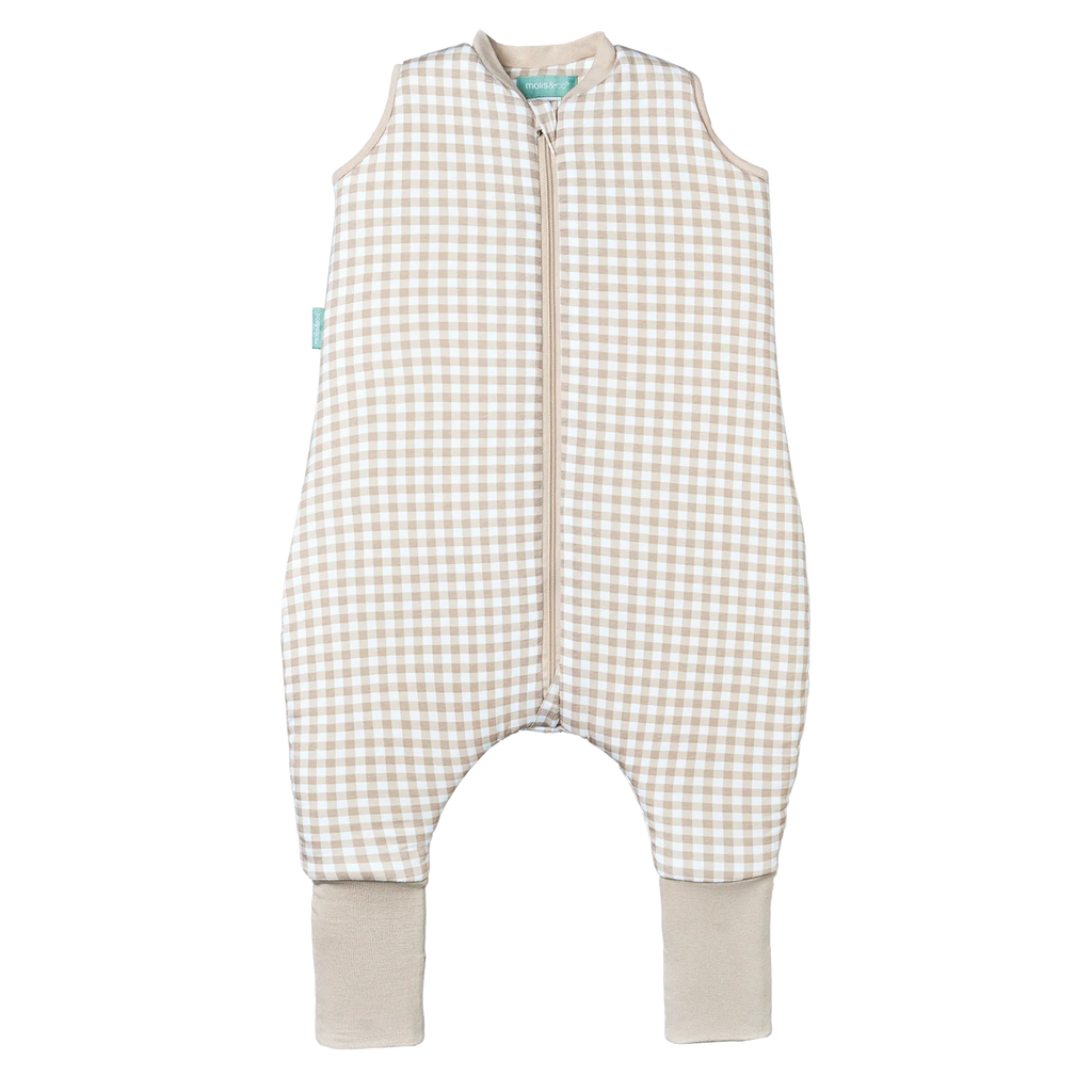 Saco de dormir MolisandCo TOG 2.5 com pés, padrão Vichy Bege, fecho frontal, meias antiderrapantes.