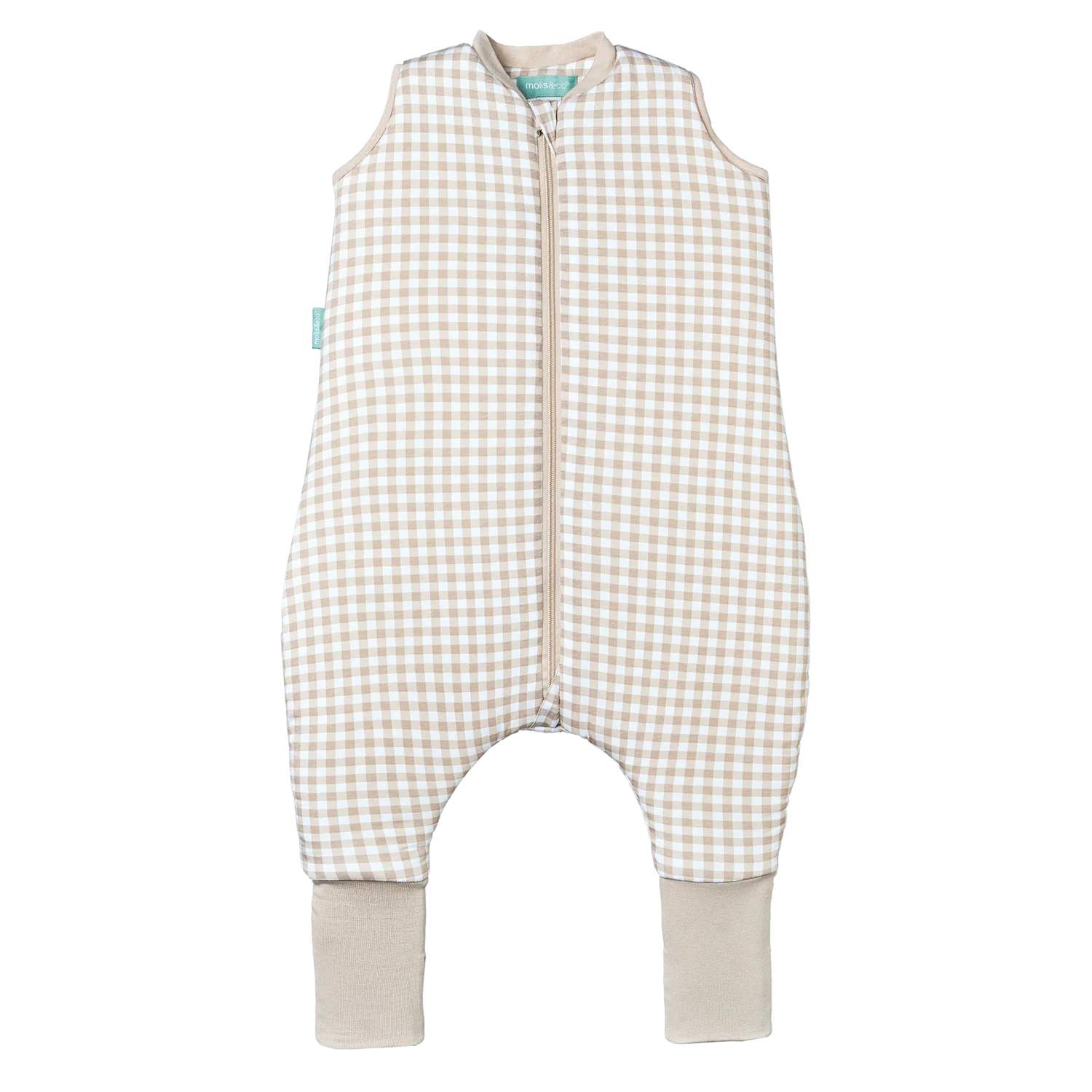 Saco de dormir MolisandCo TOG 2.5 com pés, padrão Vichy Bege, fecho frontal, meias antiderrapantes.