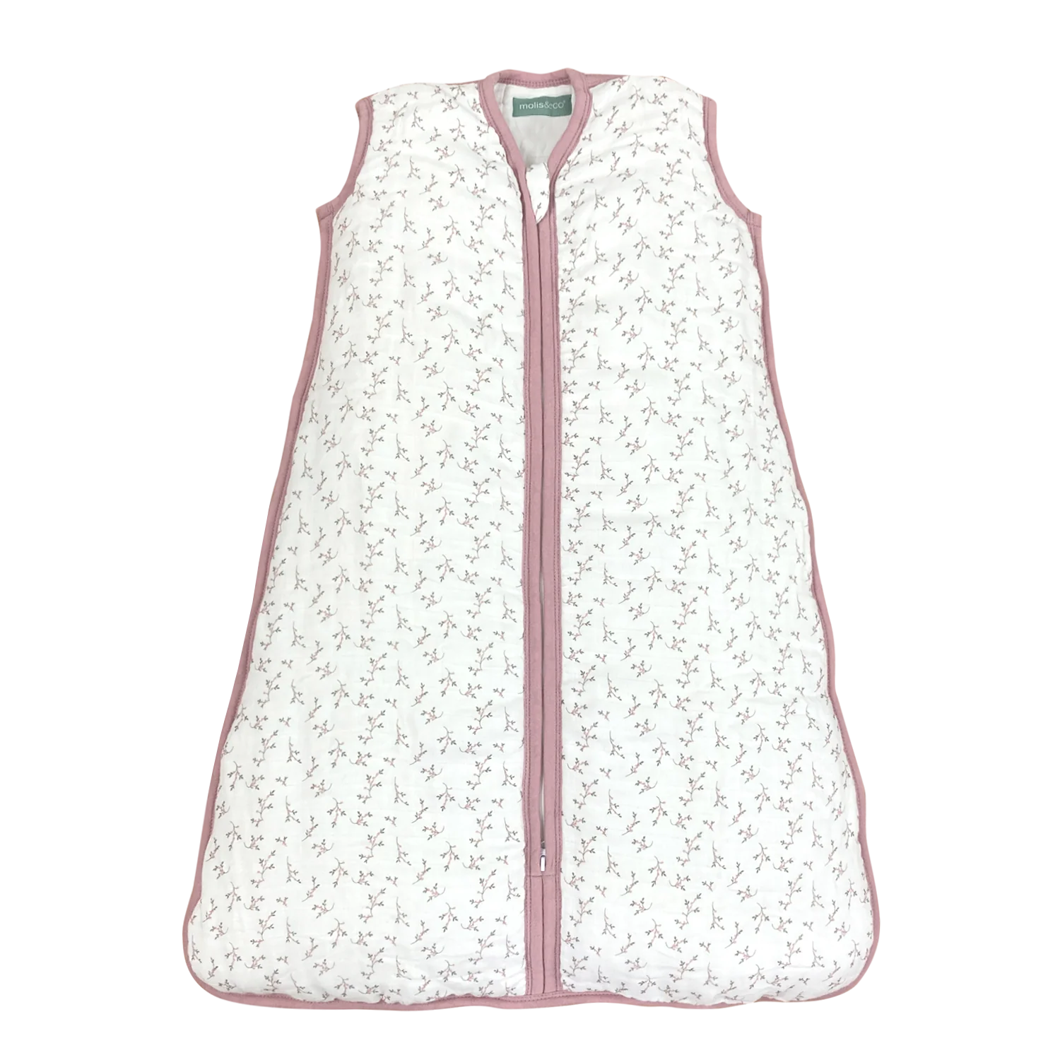 Saco de dormir MolisandCo TOG 2.5 em musselina de algodão rosa floral, sem pés, com fecho central.