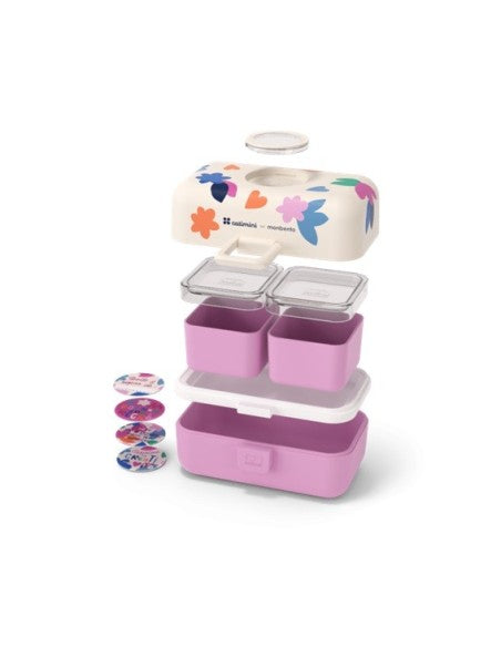 Vista explodida da lancheira Monbento MB Tresor Catimi pink, revelando a estrutura interna e os compartimentos modulares.