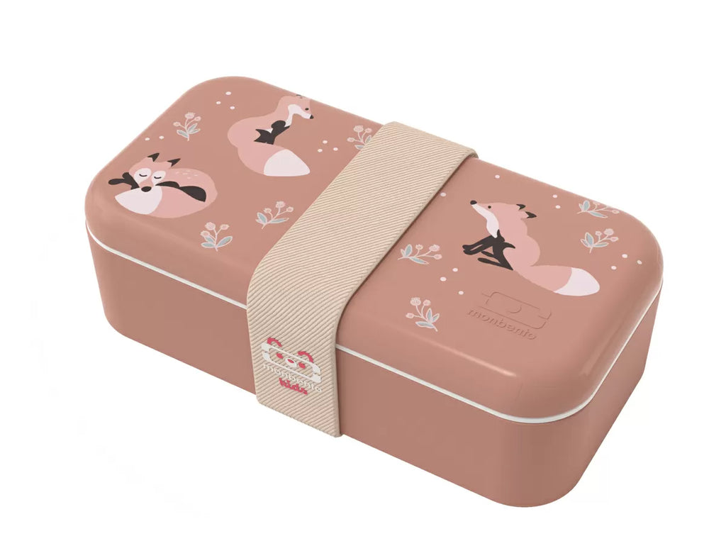Lancheira infantil Monbento MB Foodie Fox de 500 ml em tom canela com padrão raposa e banda elástica