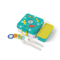 Lancheira Monbento Snacky Dinossauros aberta, mostrando compartimentos, talheres brancos e autocolantes temáticos.