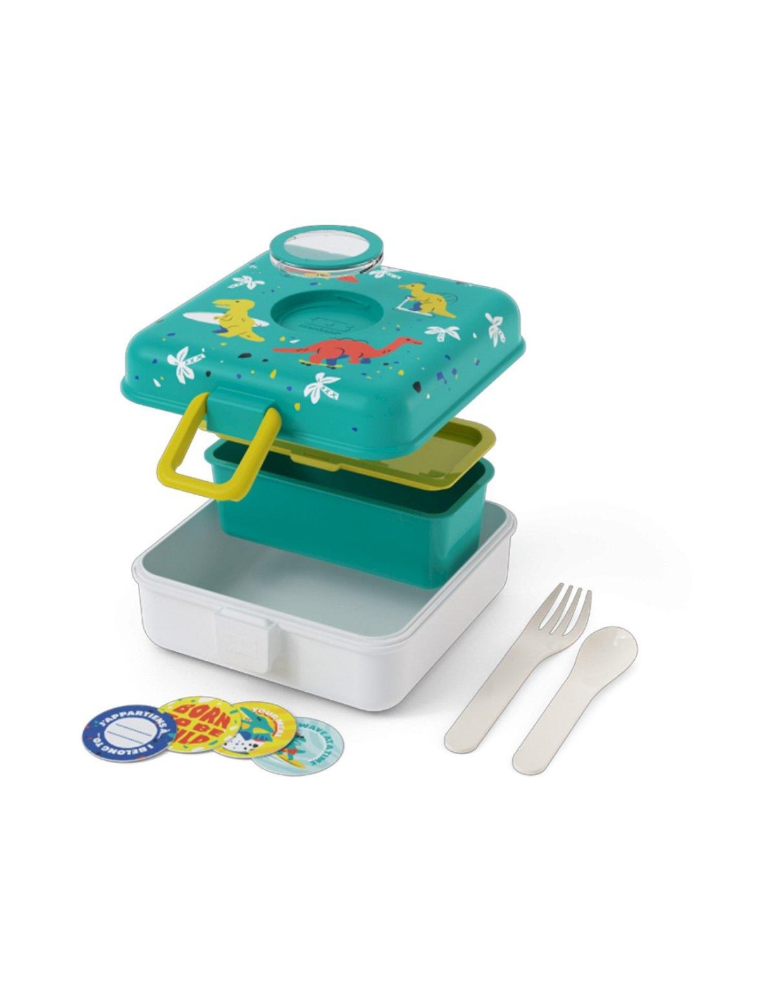 Vista explodida da lancheira Monbento Snacky Dinossauros, com tampa, compartimento removível, base, talheres e autocolantes separados.