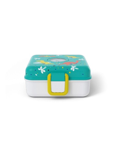 Lancheira Monbento Snacky Dinossauros fechada, com tampa verde-água decorada com dinossauros e fecho amarelo vivo.
