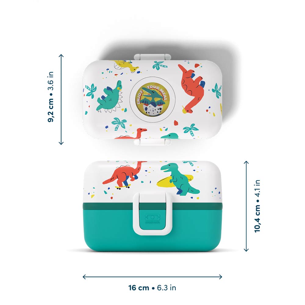 Dimensões da lancheira Monbento Tresor Dinossauros, mostrando altura (9,2cm e 10,4cm) e largura (16cm) em vista superior e lateral.