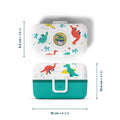 Dimensões da lancheira Monbento Tresor Dinossauros, mostrando altura (9,2cm e 10,4cm) e largura (16cm) em vista superior e lateral.