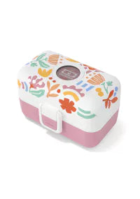 Lancheira Monbento Tresor grande com padrão floral "Paper Cut" em tons pastel, base rosa e fecho branco.