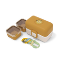 Lancheira Monbento MB Tresor mostarda aberta, exibindo o recipiente principal e dois recipientes pequenos com tampas, mais quatro discos decorativos.