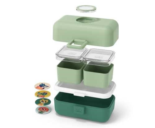 Vista explodida da lancheira Monbento MB Tresor, mostrando todas as suas camadas e componentes, incluindo os recipientes internos e autocolantes.