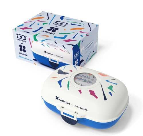 Lancheira Monbento MBgram Blue Terrazo ao lado da sua embalagem de cartão com o mesmo padrão colorido.