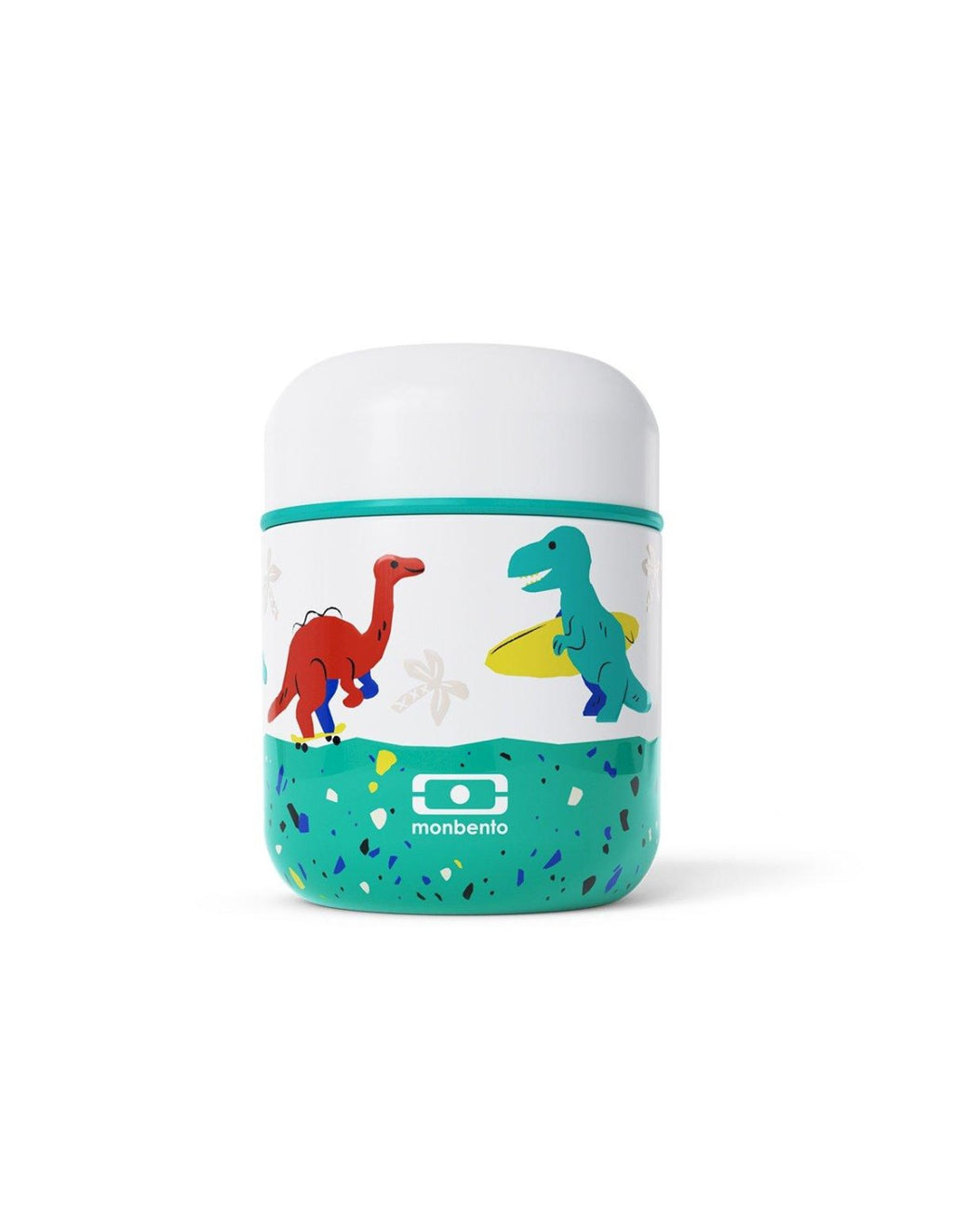 Termo para sólidos Monbento 280ml com padrão de dinossauros coloridos, fundo branco.