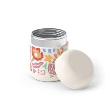 Monbento Termo sólidos 280ml Paper Cut aberto, mostrando o interior em aço inoxidável e a tampa de rosca ao lado.