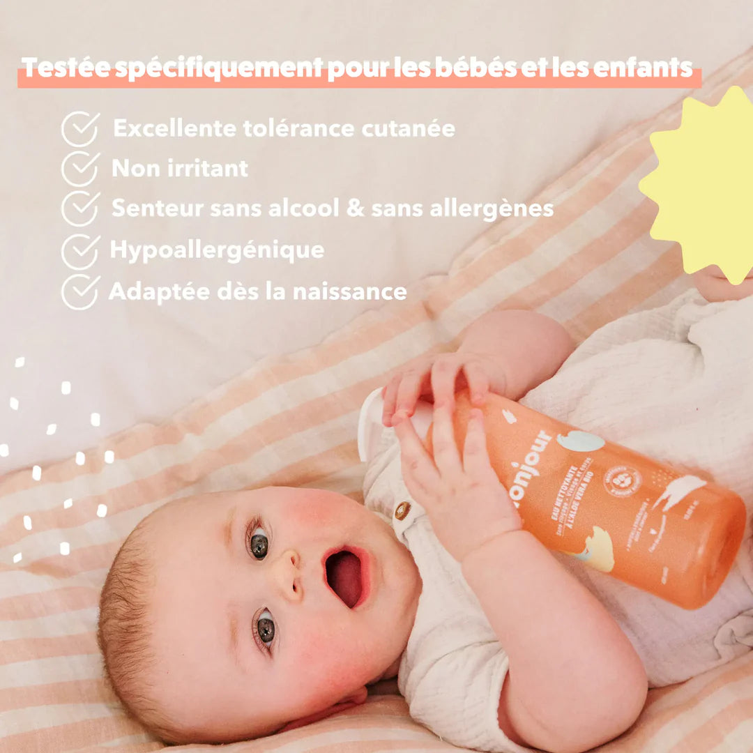 Benefícios da Monjour Água Lavante: tolerância cutânea, não irritante, sem álcool, hipoalergénica e adaptada desde o nascimento.