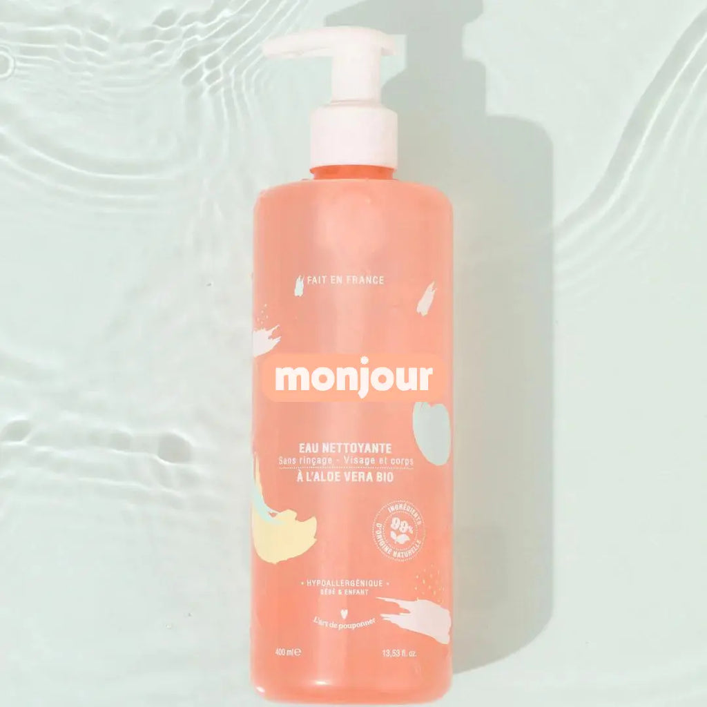 Frasco de Monjour Água Lavante para bebé, com ingredientes naturais e aloé vera biológica. Limpeza suave sem enxaguamento.