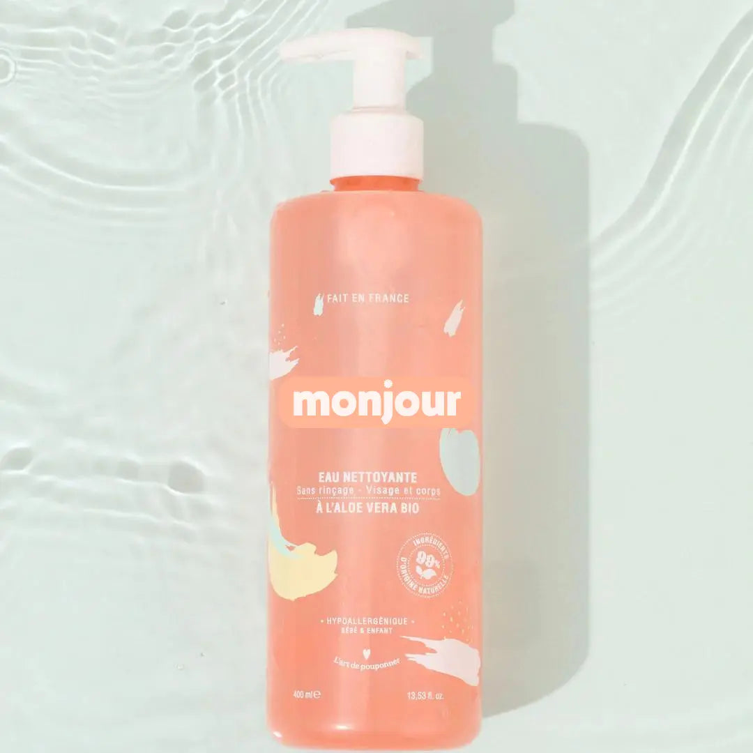 Frasco de Monjour Água Lavante para bebé, com ingredientes naturais e aloé vera biológica. Limpeza suave sem enxaguamento.
