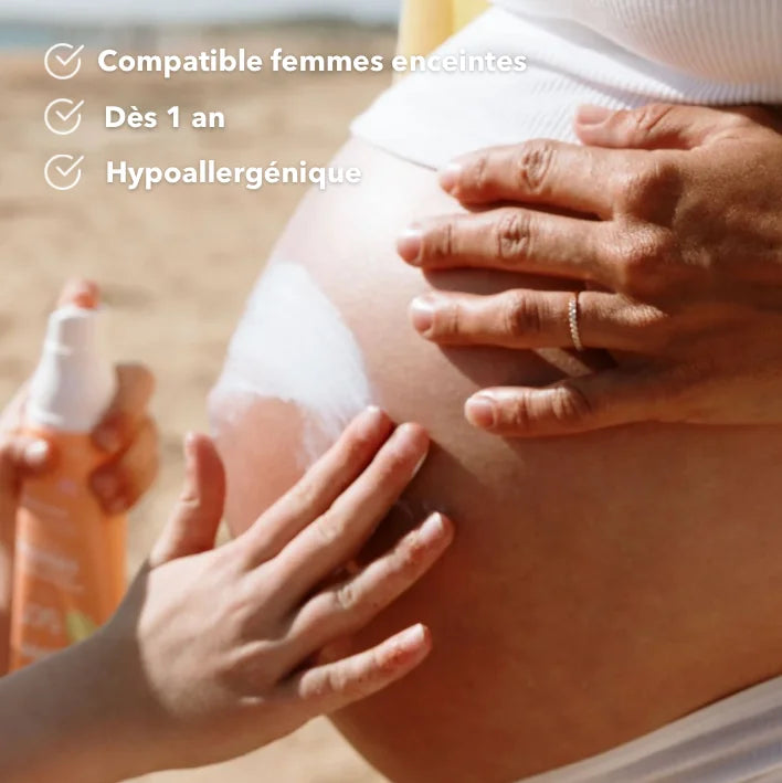 Monjour Protetor solar SPF 50+ Hipoalergénio spray aplicado na barriga de grávida, seguro para grávidas e bebés.
