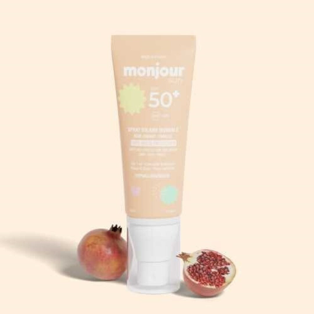Monjour Protetor Solar SPF 50+ Hipoalergénio em spray com romãs. Proteção solar suave e eficaz para toda a família.