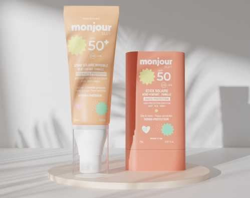 Protetor solar Monjour SPF 50+ em spray e stick. Fórmula hipoalergénica, ideal para peles sensíveis.