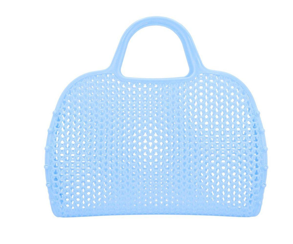 Bolsa Monneka Jelly Retro azul claro, estilo vintage, com alças e estrutura em plástico trançado para ventilação.