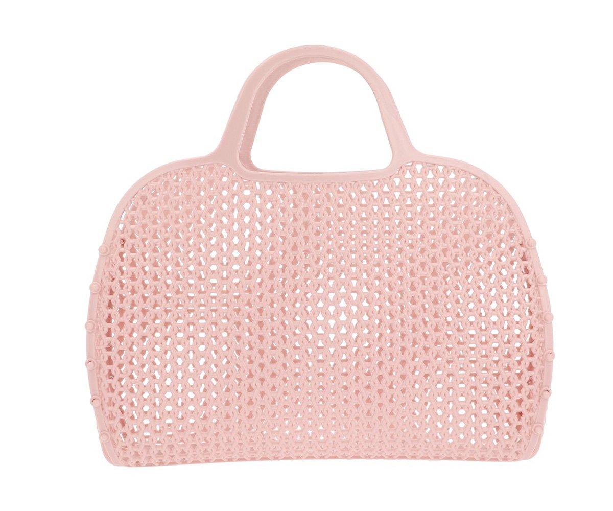 Bolsa Monneka Jelly Retro rosa pálido com design trançado, ideal para praia e piscina, vista frontal.