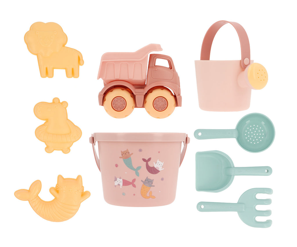 Conjunto de brinquedos de praia Monneka Mermaid Cats com balde decorado, camião e acessórios em tons pastel.