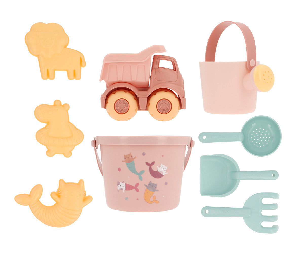 Conjunto de brinquedos de praia Monneka Mermaid Cats com balde decorado, camião e acessórios em tons pastel.
