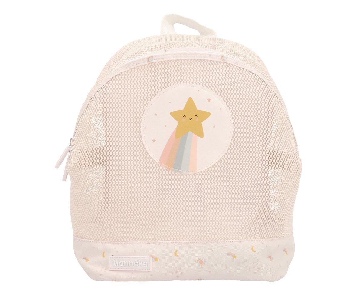 Mochila infantil Monnëka anti-areia cor de rosa claro com malha respirável e um desenho de estrela sorridente num arco-íris pastel na frente.