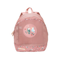 Mochila infantil Monnëka rosa com malha respirável, destaque para o estampado de dois pássaros (tucanos) no centro, ideal para praia.