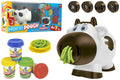 Kit de plasticina Morbi Dough Muu Spaghetti com vaca extrusora branca e malhas pretas, quatro boiões de cores e acessórios de moldagem.
