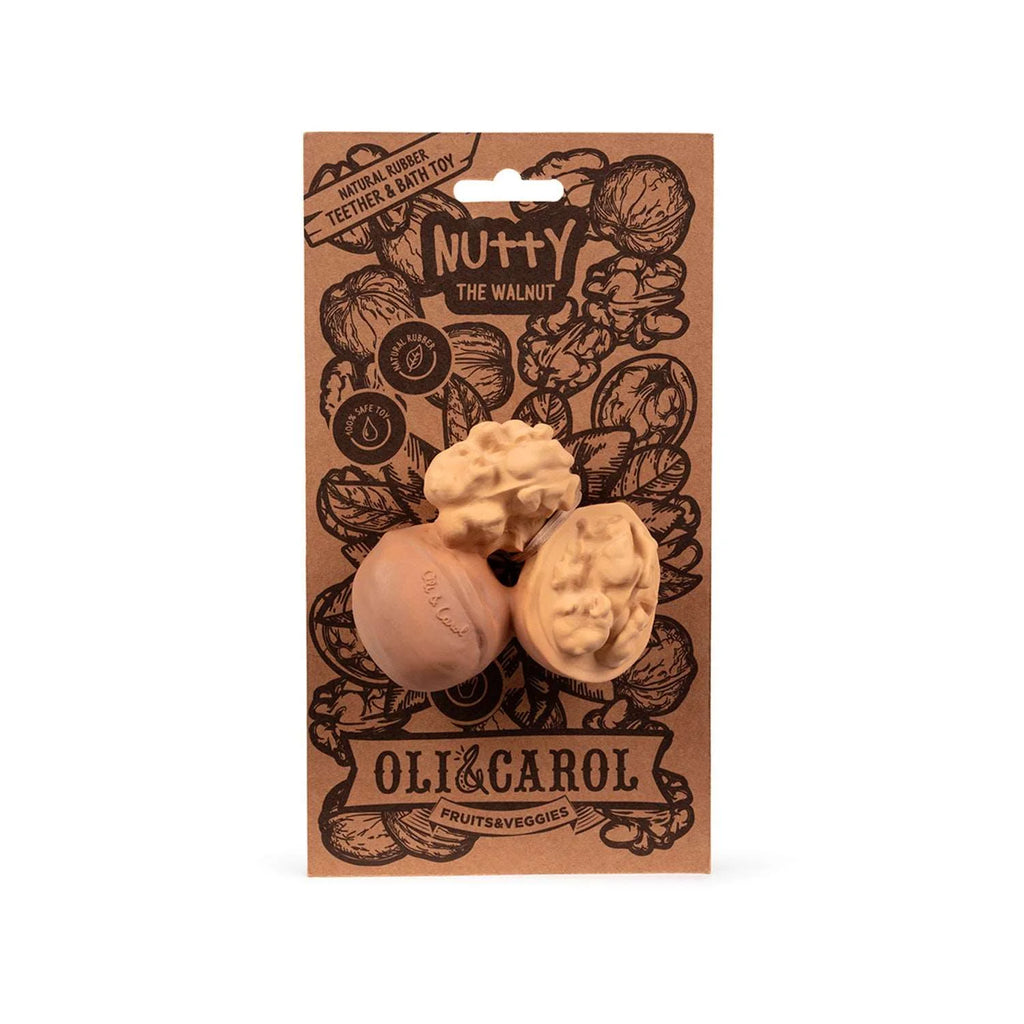 Mordedor Oli & Carol Nutty A Noz na sua embalagem de cartão com ilustrações de nozes.