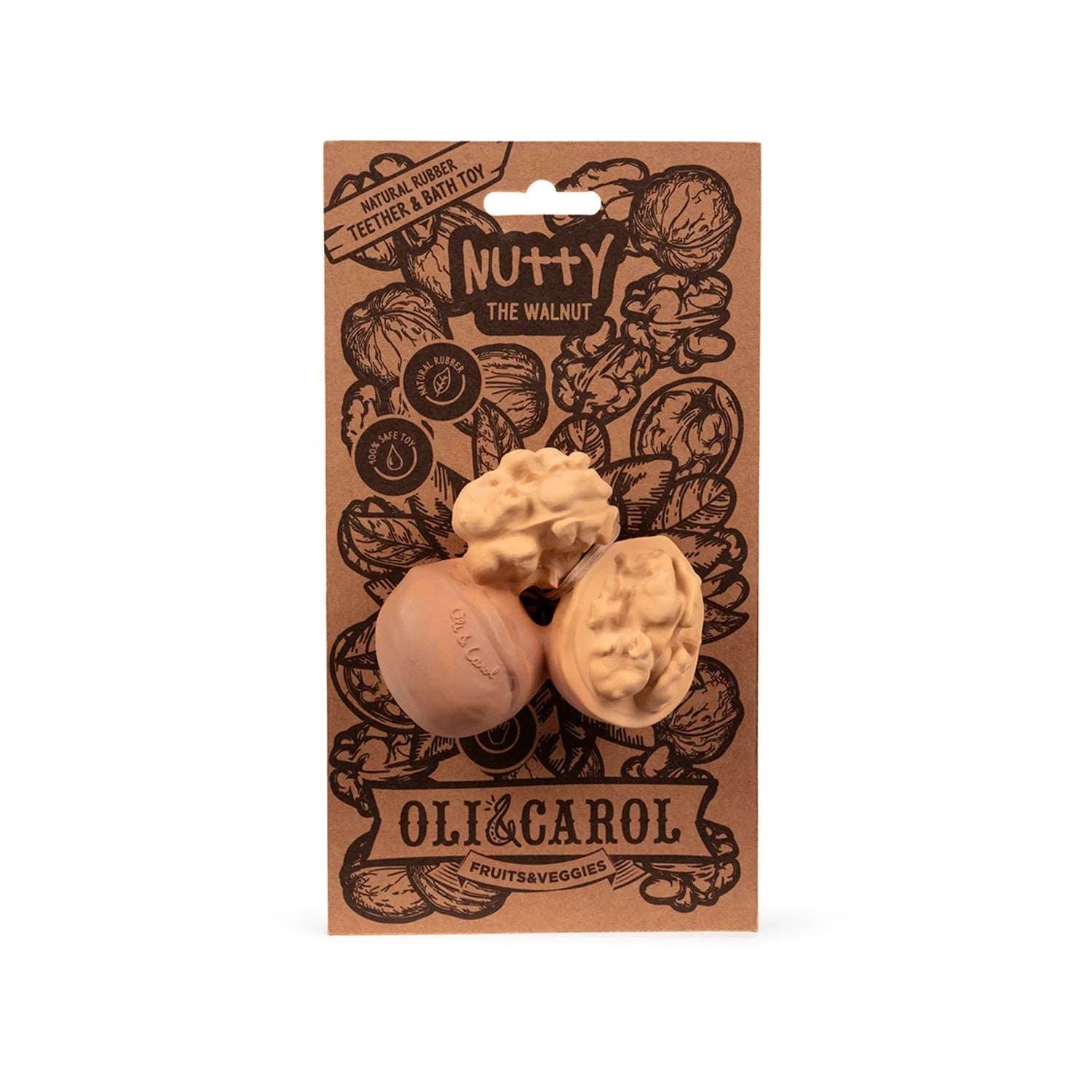 Mordedor Oli & Carol Nutty A Noz na sua embalagem de cartão com ilustrações de nozes.