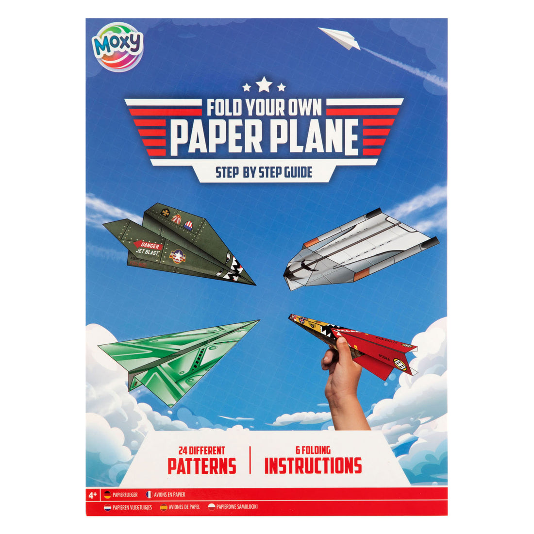 Caixa do jogo Moxy Avião de Papel da Janod, mostrando a variedade de cores e modelos de aviões que podem ser criados.
