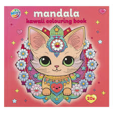Capa do livro de colorir Moxy Mandala Kawaii com ilustração de gato e cão em tons pastel.