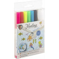 Embalagem dos Marcadores de Tinta Flutuante Moxy com 6 canetas coloridas e colher, mostrando como os desenhos flutuam na água.