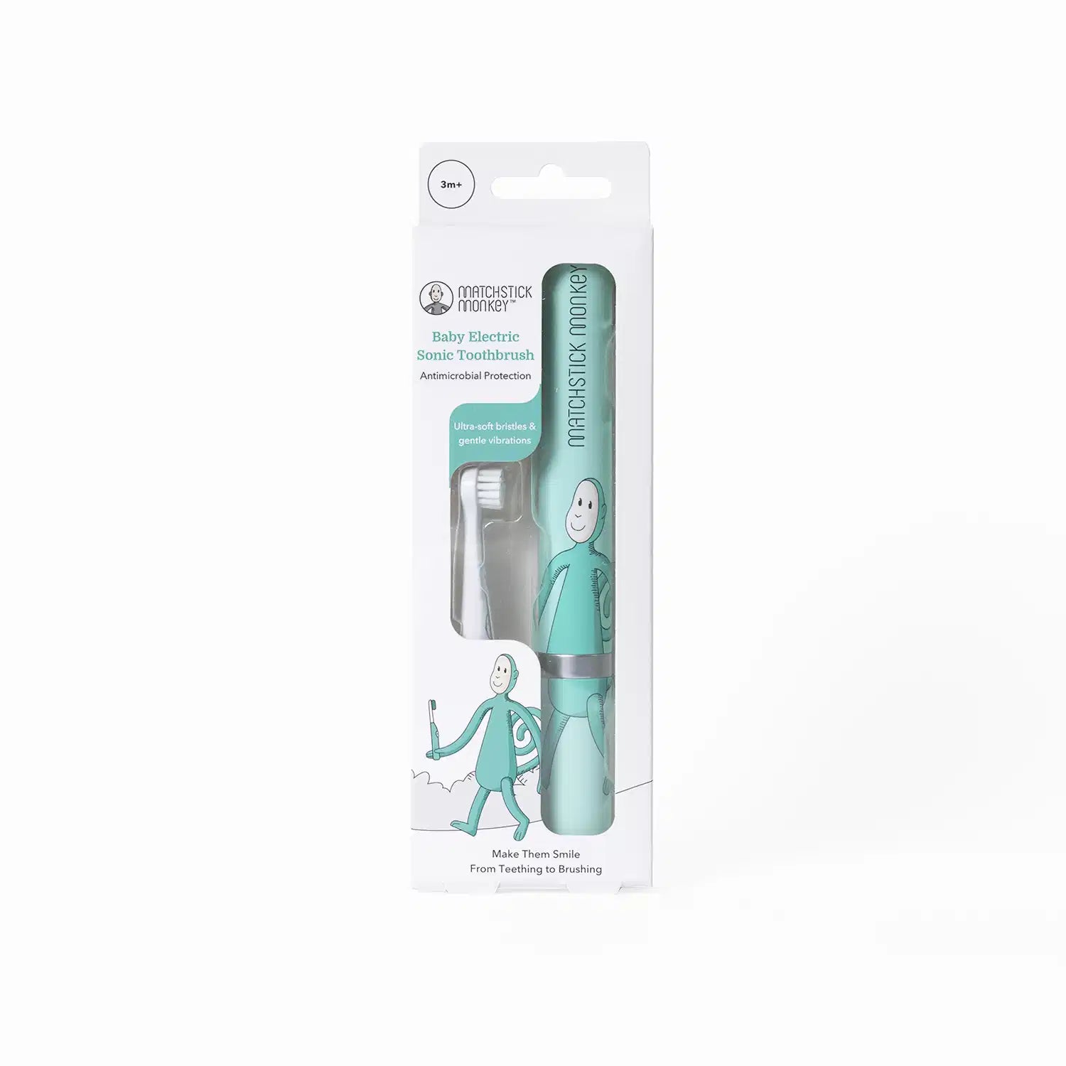 Embalagem da escova de dentes elétrica sónica Matchstick Monkey para bebés, mostrando o design branco e verde-água com um macaco ilustrado e indicação de uso a partir dos 3 meses.