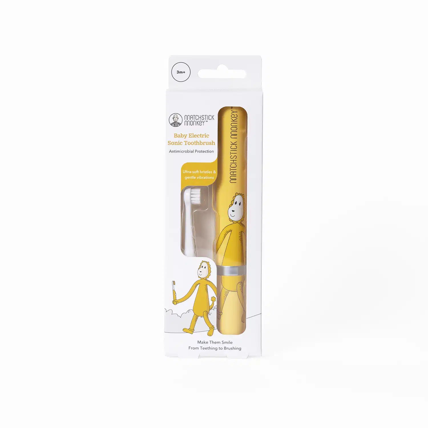 Embalagem da escova de dentes elétrica Matchstick Monkey Leão, amarela, com a escova visível e texto "Baby Electric Sonic Toothbrush" e "3m+".