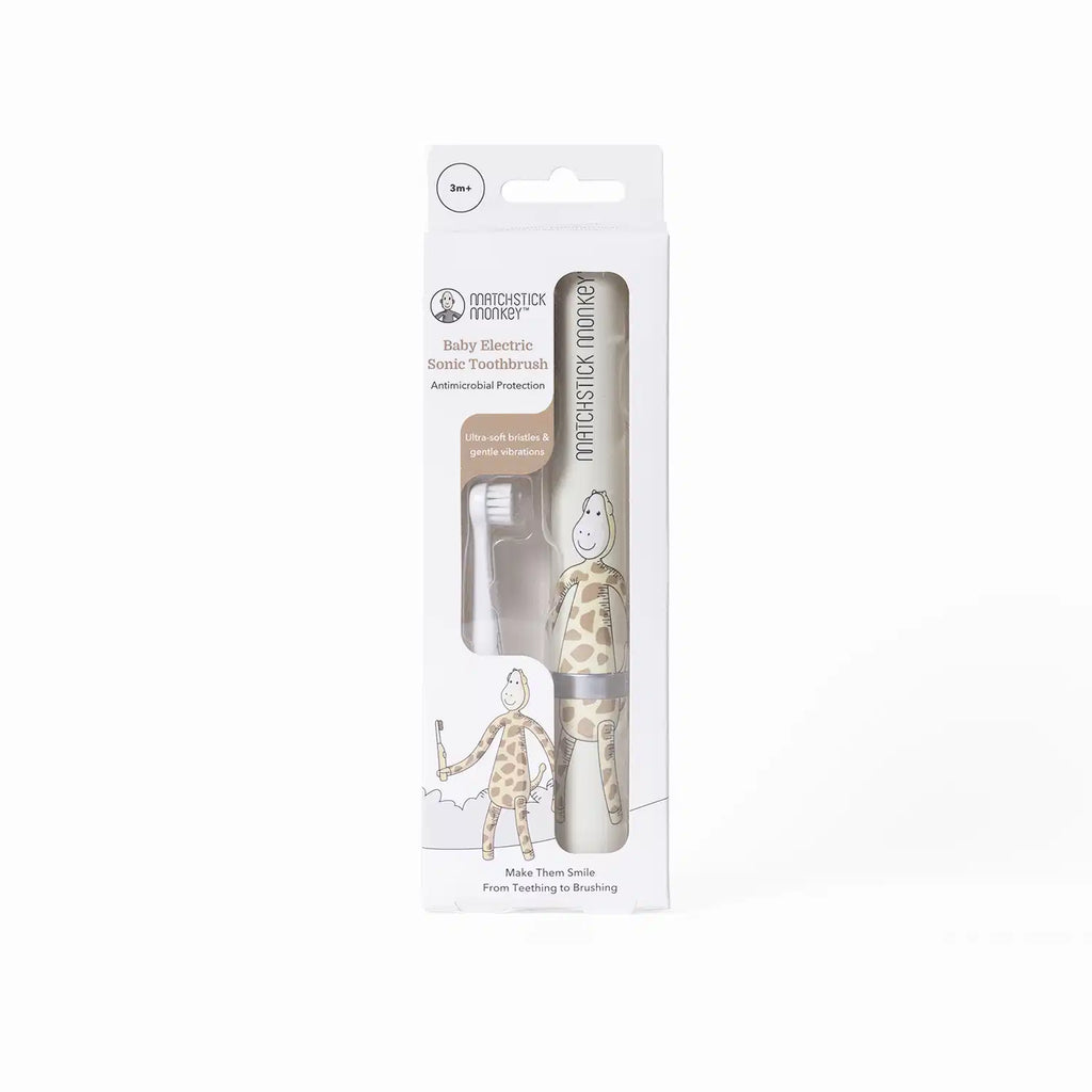 Embalagem da escova de dentes elétrica Matchstick Monkey Girafa para bebés, mostrando o produto dentro e a indicação "3m+".