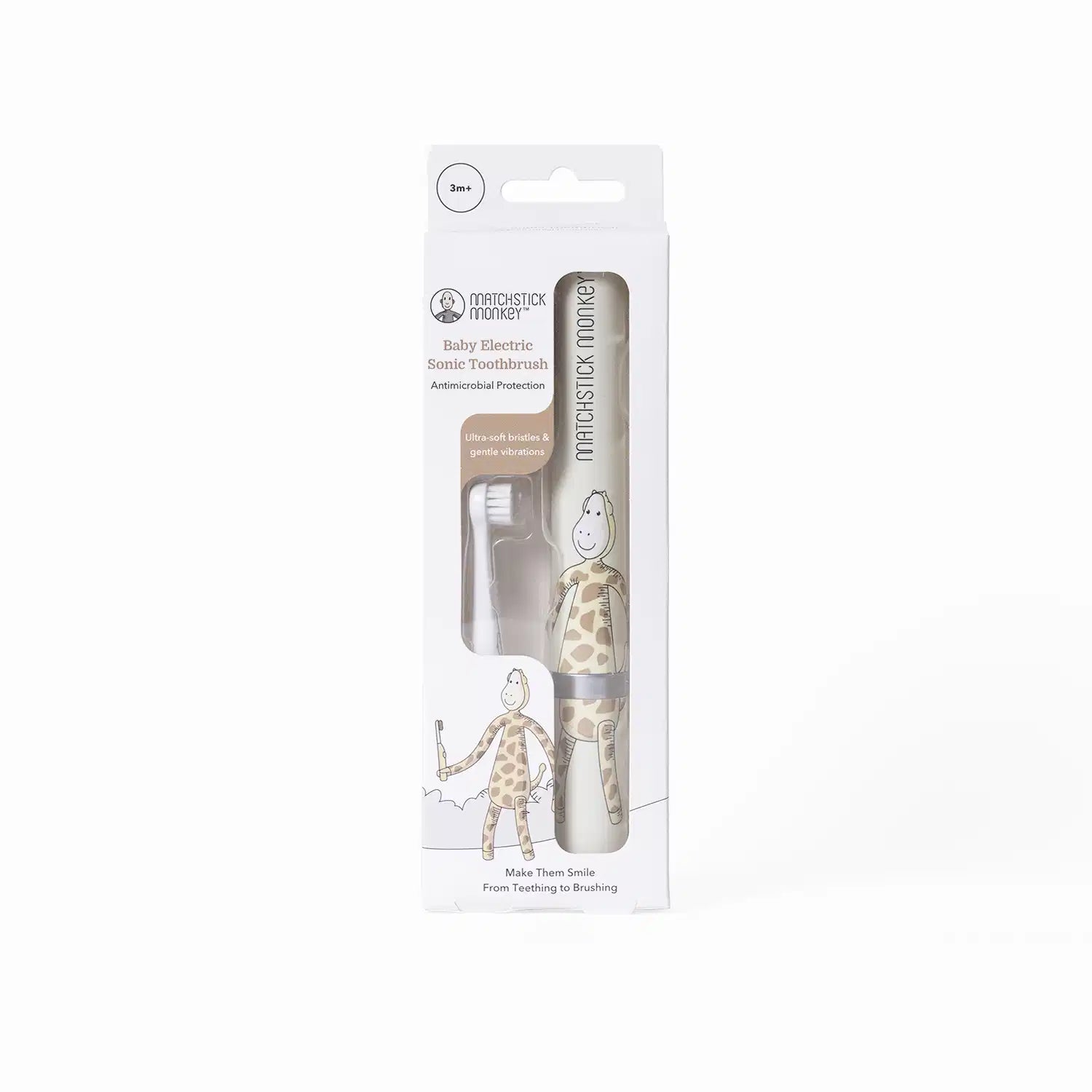 Embalagem da escova de dentes elétrica Matchstick Monkey Girafa para bebés, mostrando o produto dentro e a indicação "3m+".